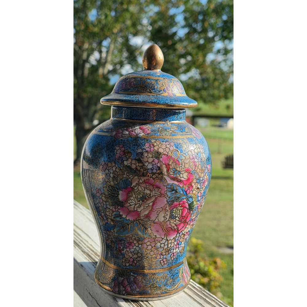Vintage Chinese Lidded Ginger Jar Blue Gold Famille Rose Floral Temple Jar 8.5"
